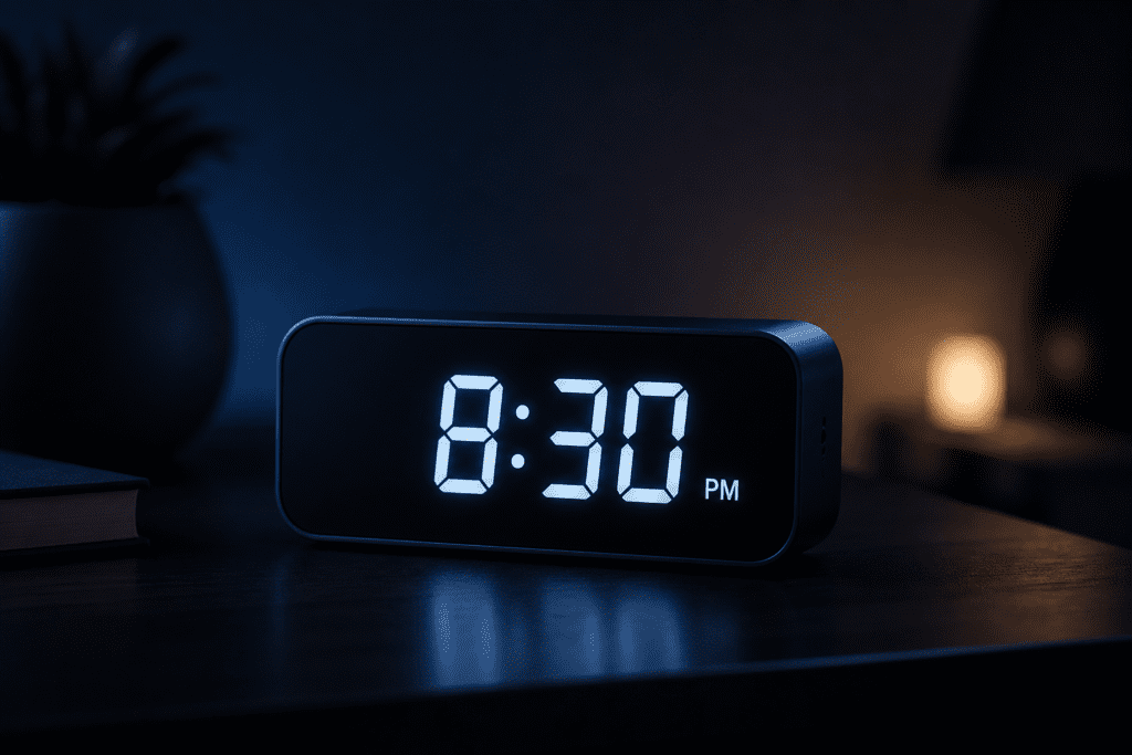 Digital alarm clock showing 8:30 PM in a dimly lit room, representing evening use and winding down