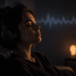 Young woman wearing headphones in a calm low-light setting, listening with eyes closed in a relaxed, focused state