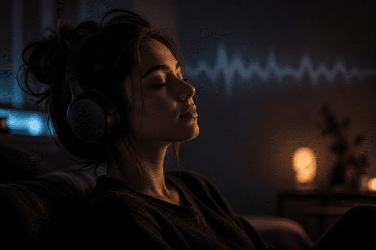 Young woman wearing headphones in a calm low-light setting, listening with eyes closed in a relaxed, focused state