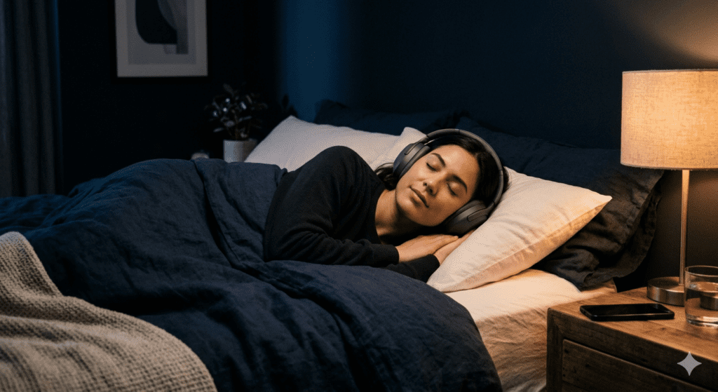 Person lying in bed wearing headphones during a calm sleep wind-down audio session.